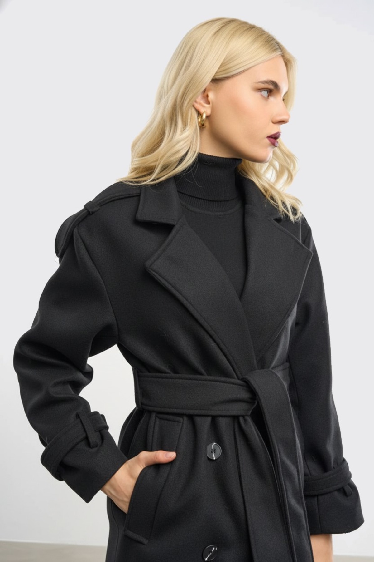 unika boutique Kadın Premium Kaşe Kaban Siyah görsel 4