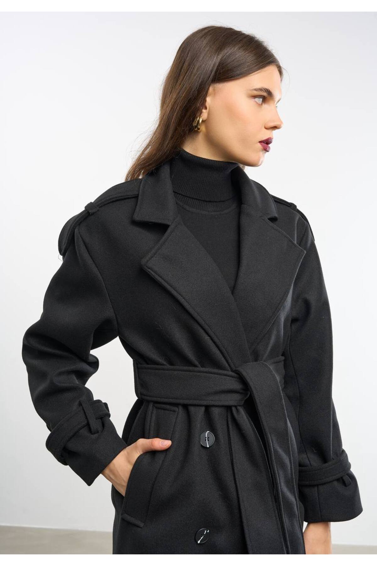 unika boutique Kadın Premium Kaşe Kaban Siyah görsel 2