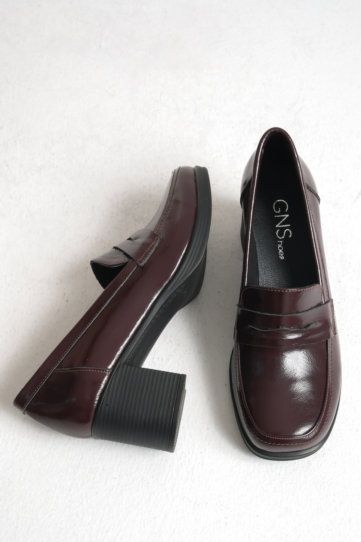 GNS Shoes  ELEGANT Hakiki Deri Bordo Rugan Kalın Topuklu Loafer Ayakkabı - Görsel 2