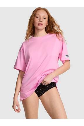 PİNK Pamuklu Oversize Yırtmaç Detaylı Uyku Tişörtü