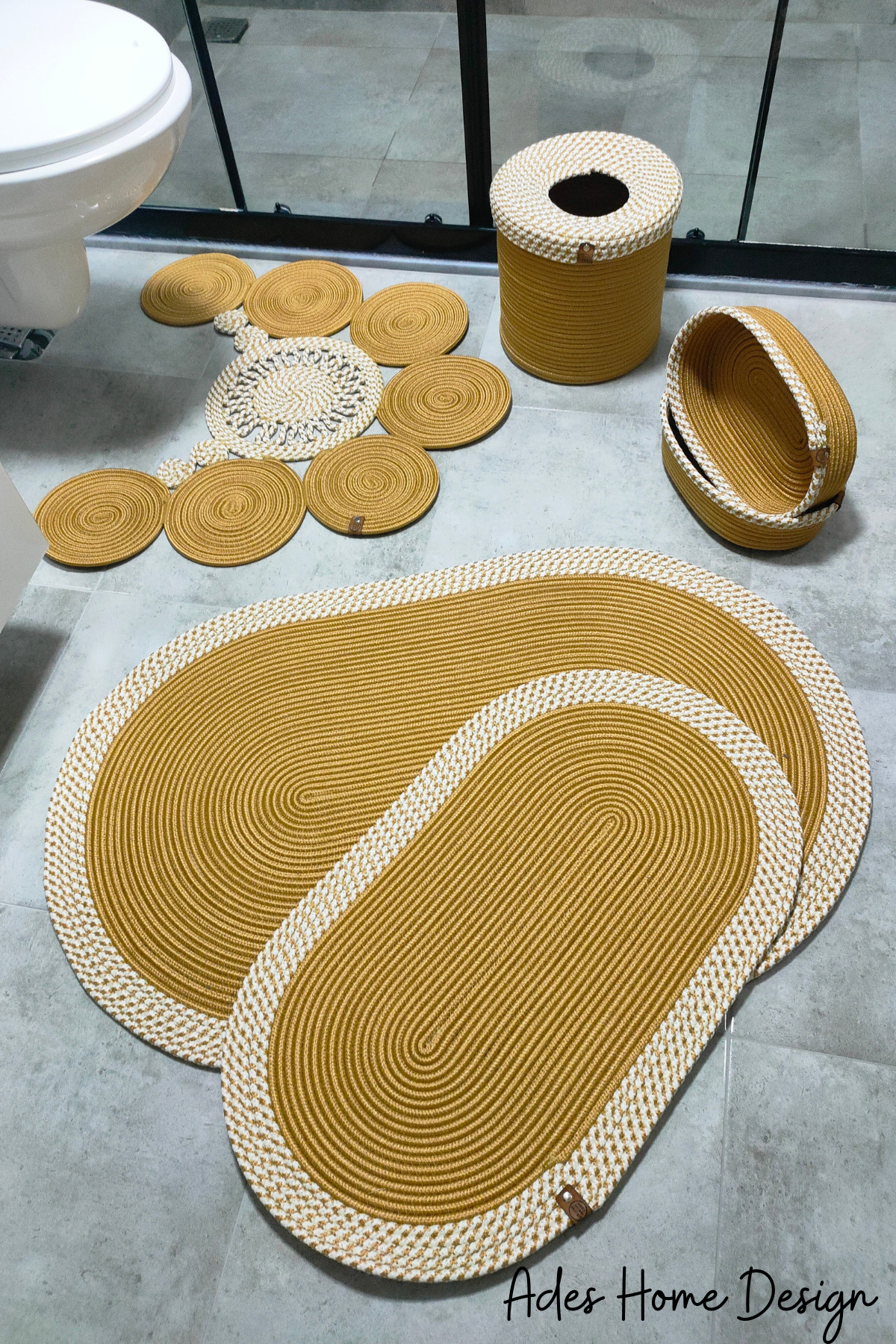 Jute,Bathroom Set,Bathroom Set,Bath Mat, Mop Set,Makeup Basket,Trash Can,Toilet Mat,Gold