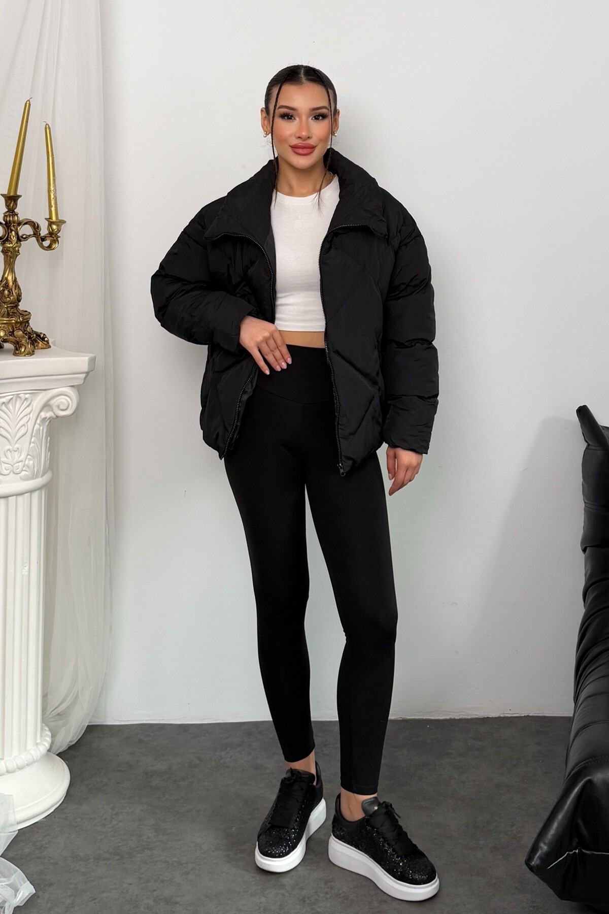 moda armanc Kadın Siyah Oversize Şişme Mont - Yüksek Yaka, Baklava Desenli görsel 6