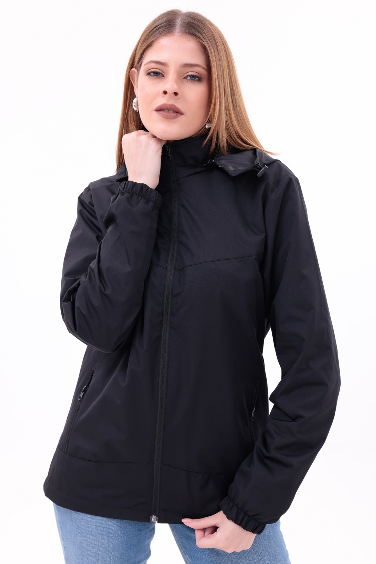 freemen  Kadın Siyah Çıkarılabilir Kapşonlu Yağmurluk Mont - Görsel 5
