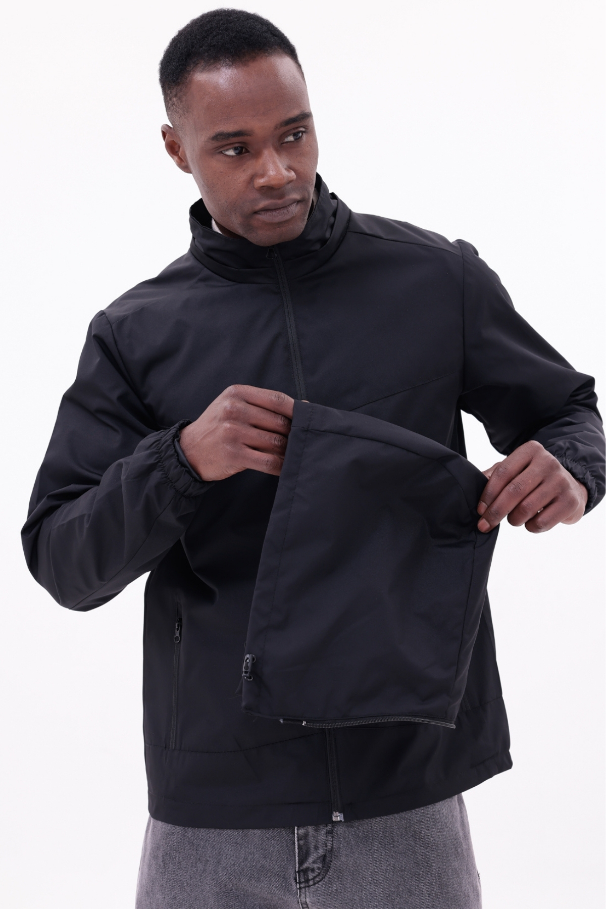 freemen  Erkek Siyah Çıkarılabilir Kapşonlu Yağmurluk Mont - Görsel 2