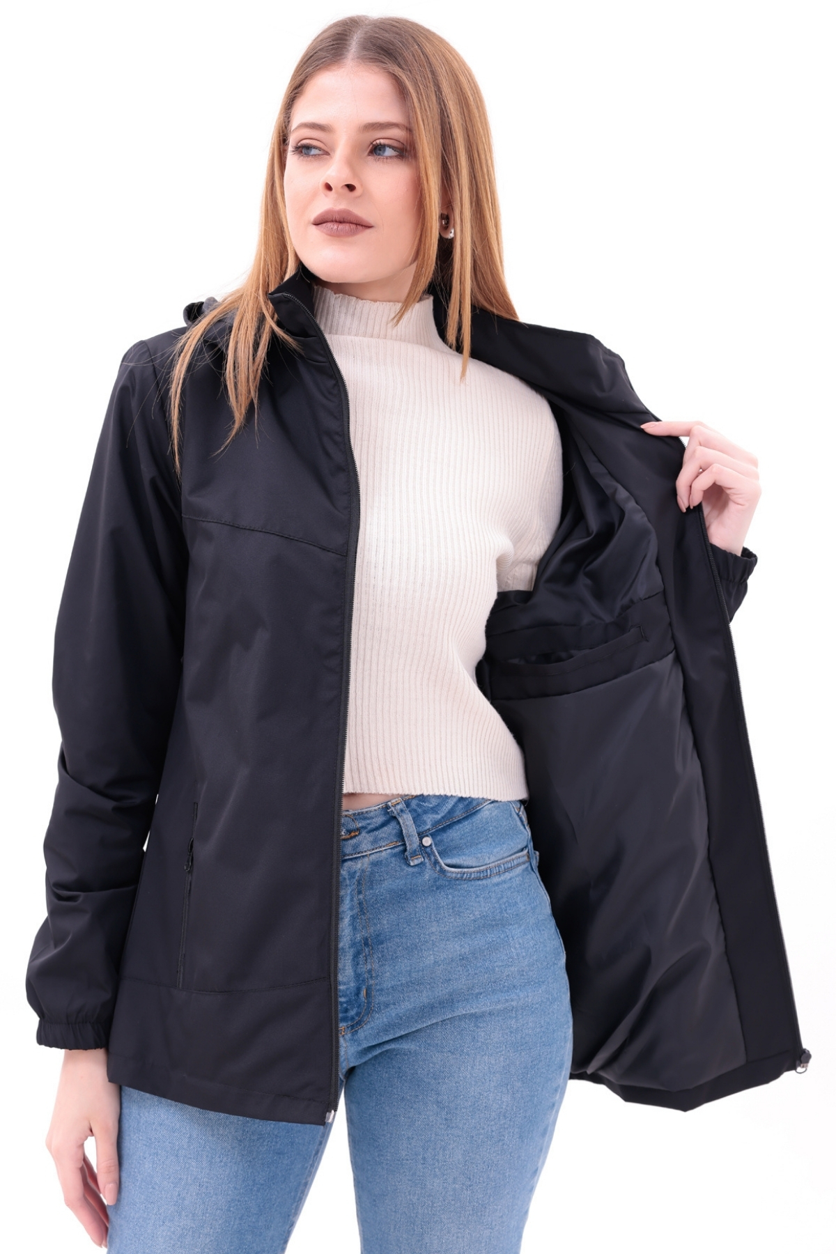 freemen  Kadın Siyah Çıkarılabilir Kapşonlu Yağmurluk Mont - Görsel 7