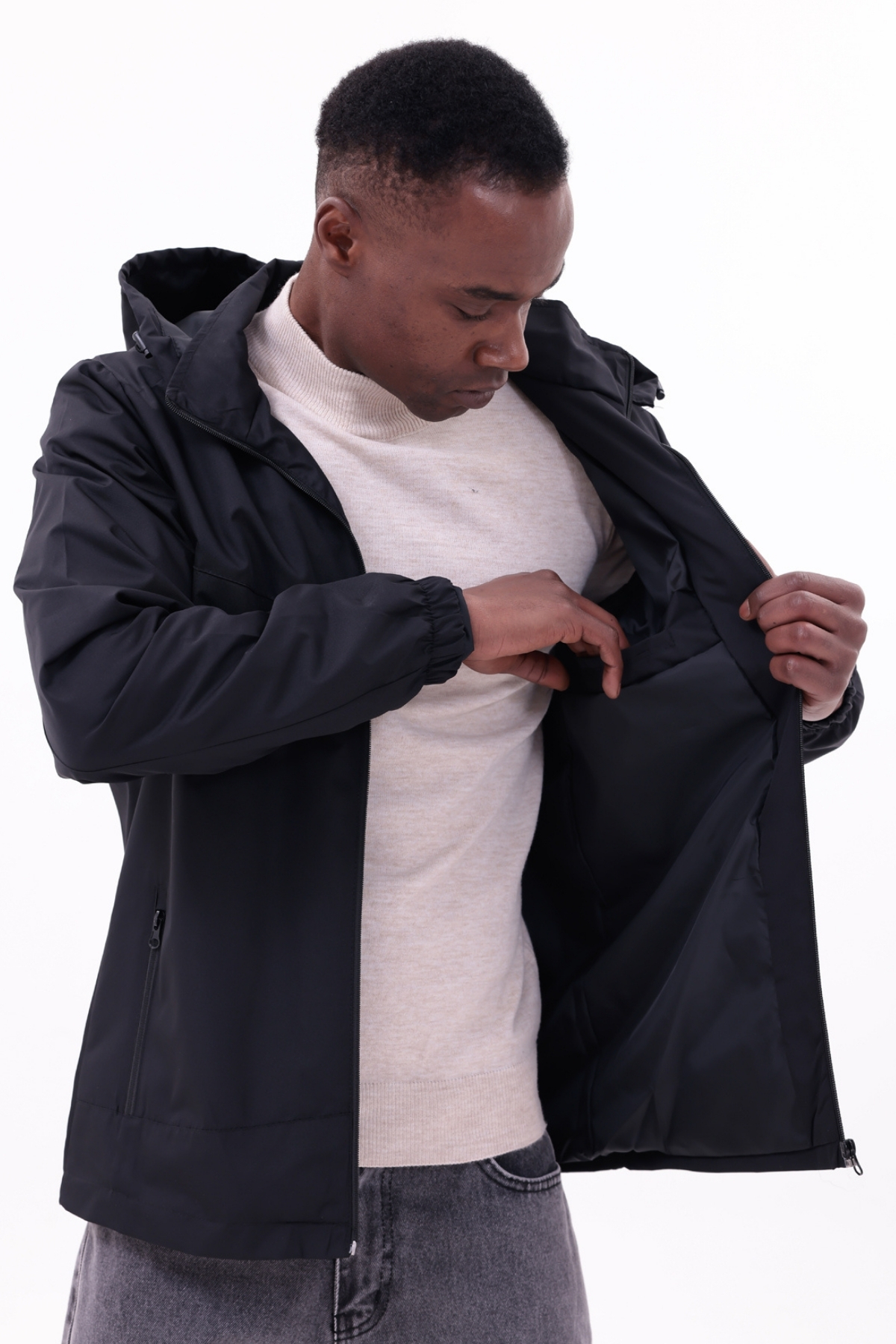 freemen  Erkek Siyah Çıkarılabilir Kapşonlu Yağmurluk Mont - Görsel 7