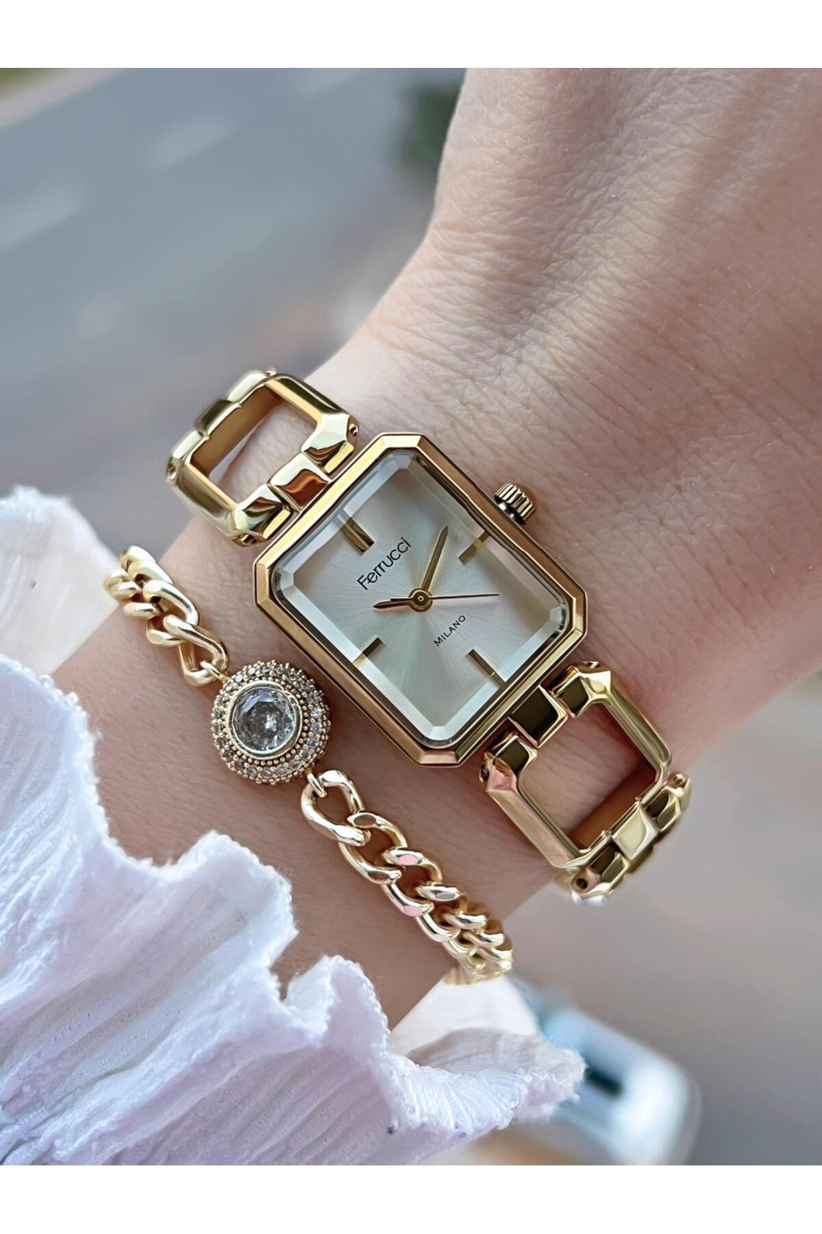 Ferrucci  Küçük Vintage Kasa Çelik Kordon 2 Yıl Garantili 3 Atm Kadın Kol Saati+Bileklik FY.03603.4 - Görsel 2