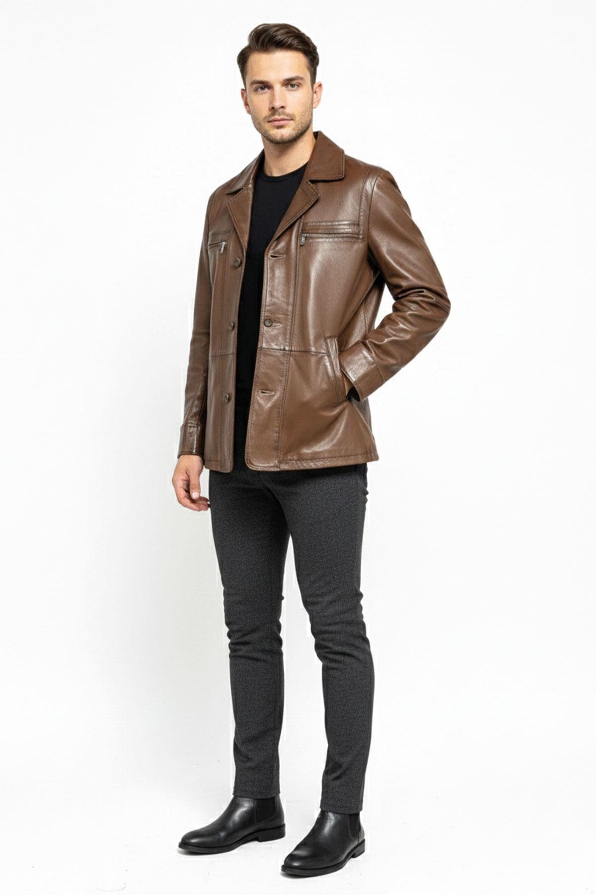 Deriderim  Konyak Wiliam Düğme Kapamalı Göğüste Fermuarlı Cep Detaylı Astarlı Erkek Hakiki Deri Ceket - Görsel 4