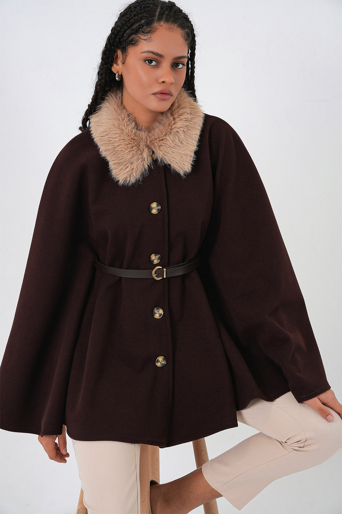 Bigdart Kadın Kemerli Kaşe Panço 9165 - Kahverengi