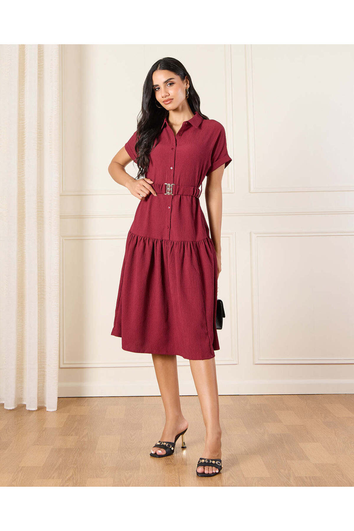 REDTAG Women Burgundy Belted Drop Shoulder Midi Dress