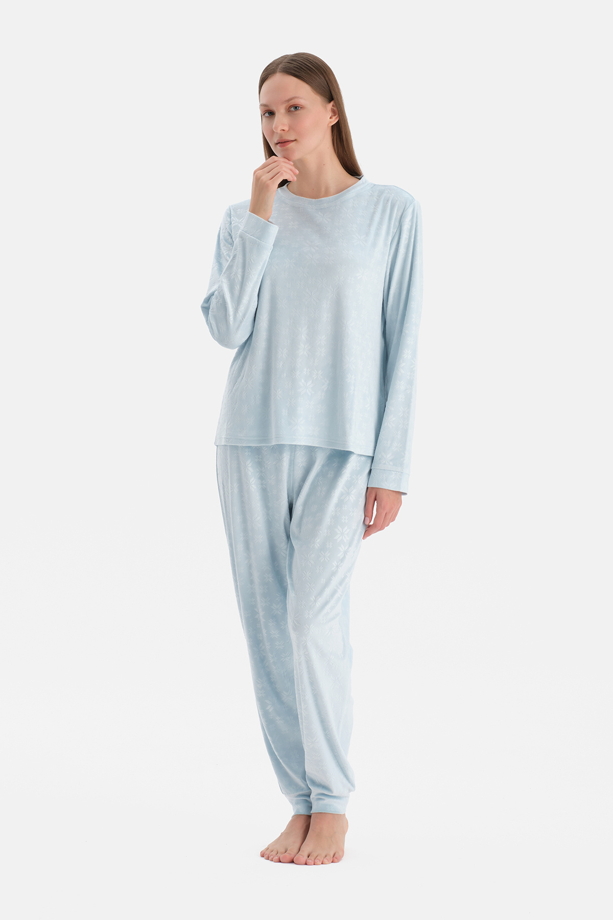 Turquoise Waffle Snow Printed T-Shirt Pants Pajamas Set