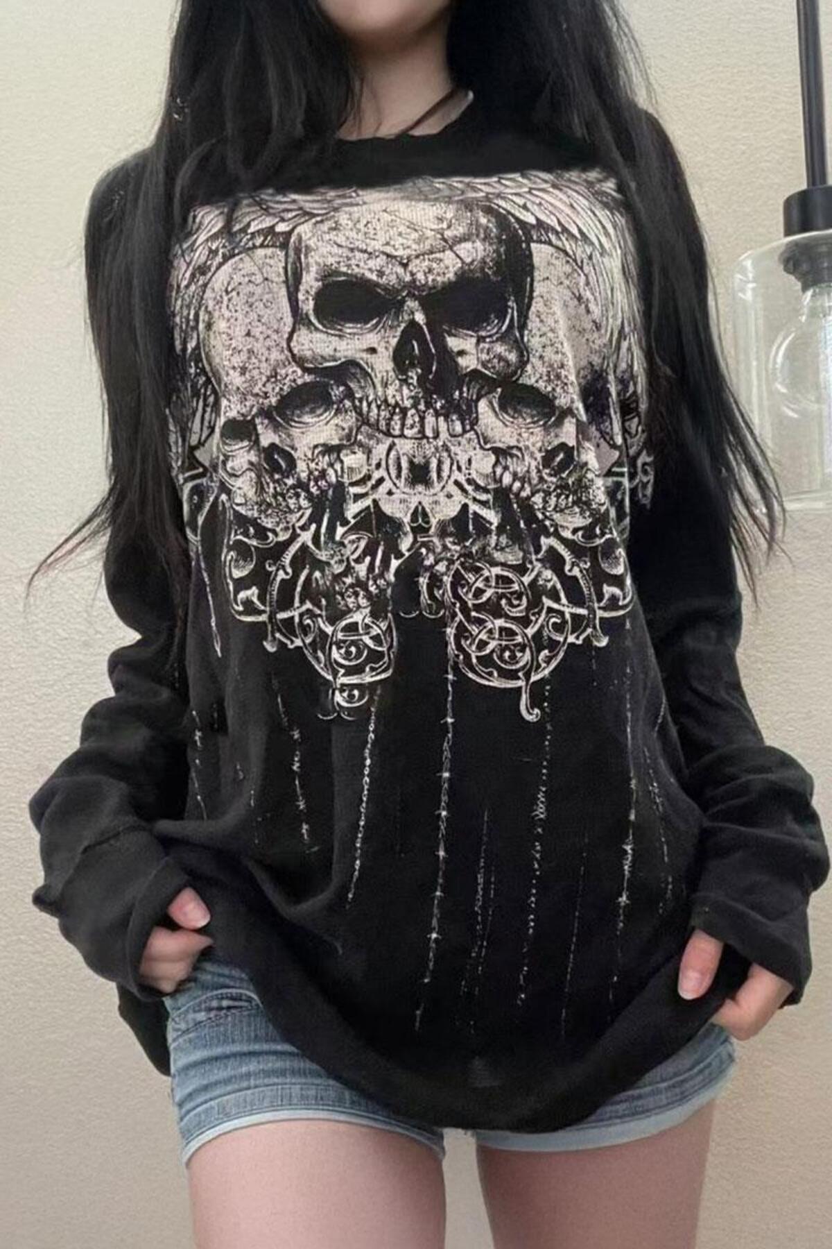 Karakedi Siyah Tribal Skulls Gotik Y2K Unisex Sweatshirt - Fiyatı