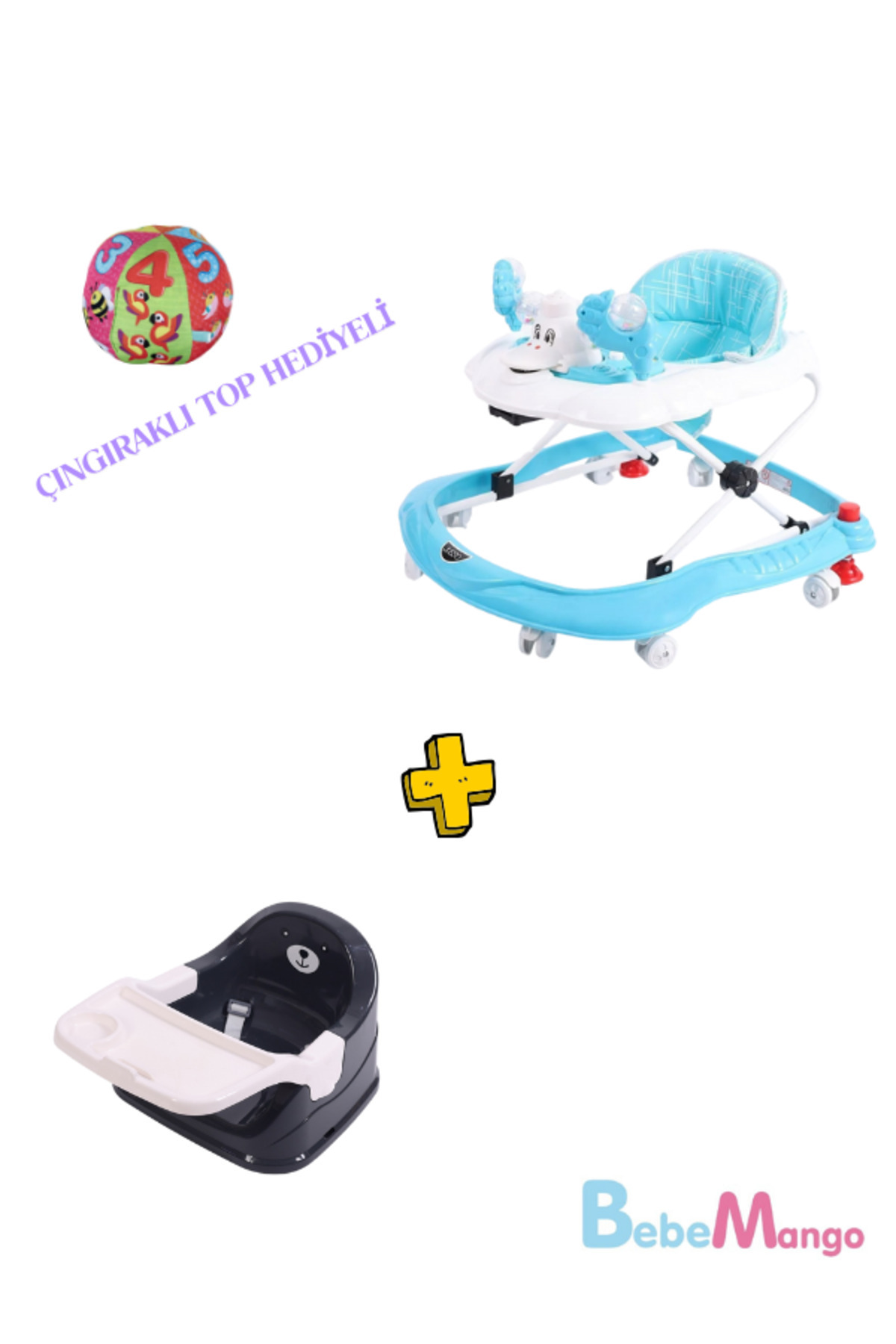 BebeMango 2 'li set Oyuncaklı Müzikli 3 Kademeli Örümcek Bebek Yürüteci + Çocuk Mama Oturağı (Top HEDİYELİ )