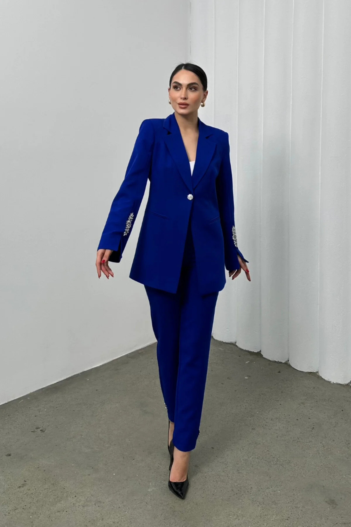 Women's Two-Piece Straight-Leg Blazer & Trousers Set SAX - Görsel 5