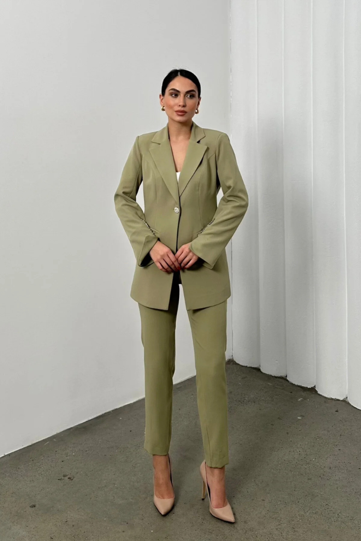 Women's Khaki Two-Piece Straight-Leg Blazer & Trousers Set - Görsel 4