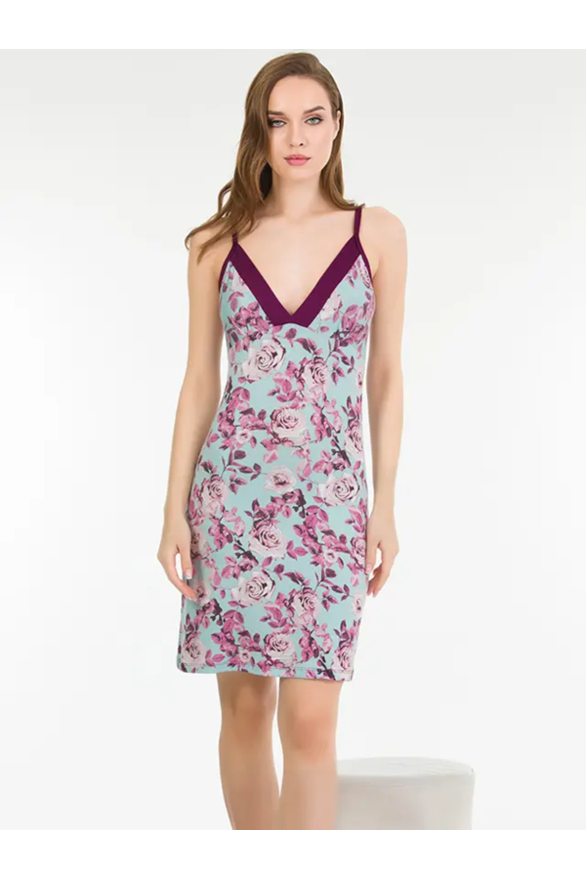 aynora Kadın Çiçekli Mürdüm Renk Penye Gecelik