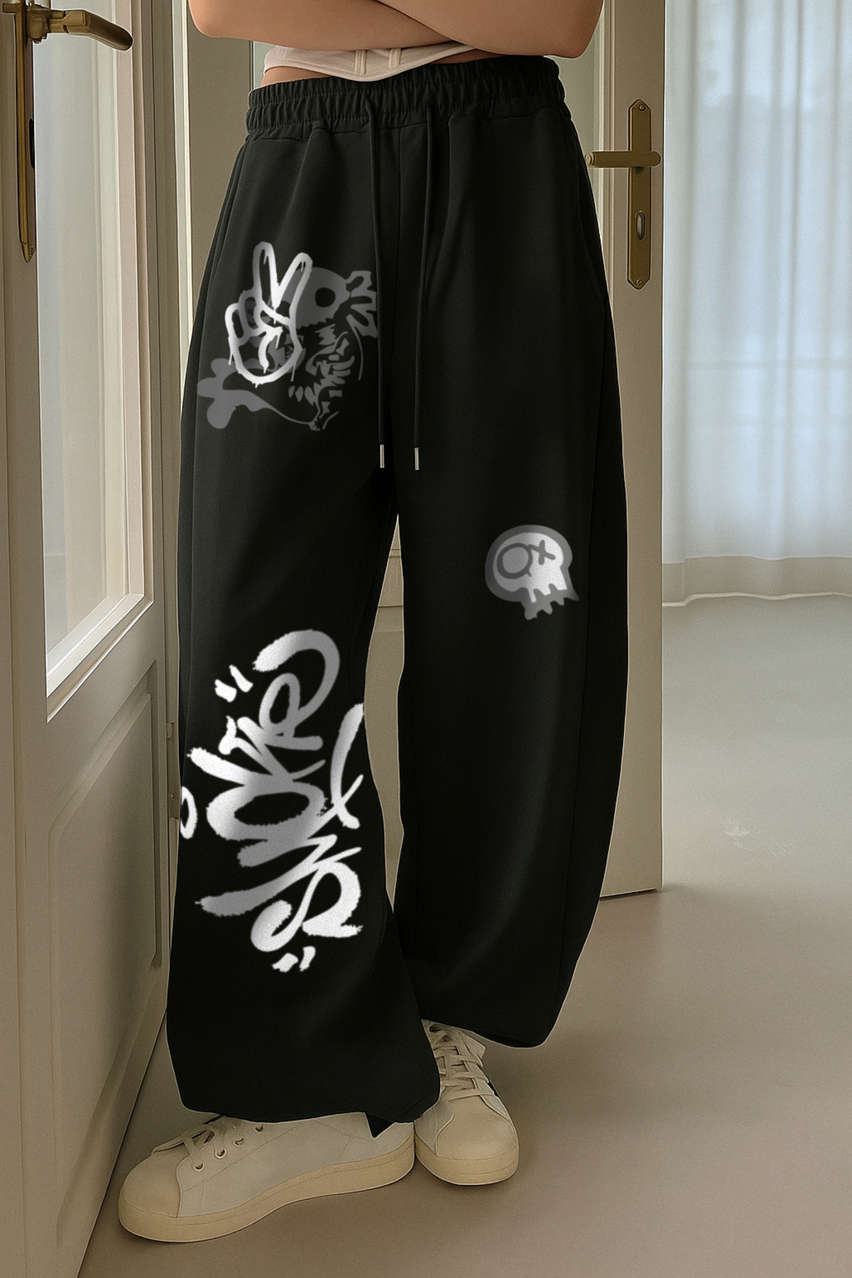 De Carte  2li Grafiti Smk Axolotl Baskılı Oversize Bol kesim Siyah&Gri Kadın Eşofman Altı - Görsel 2