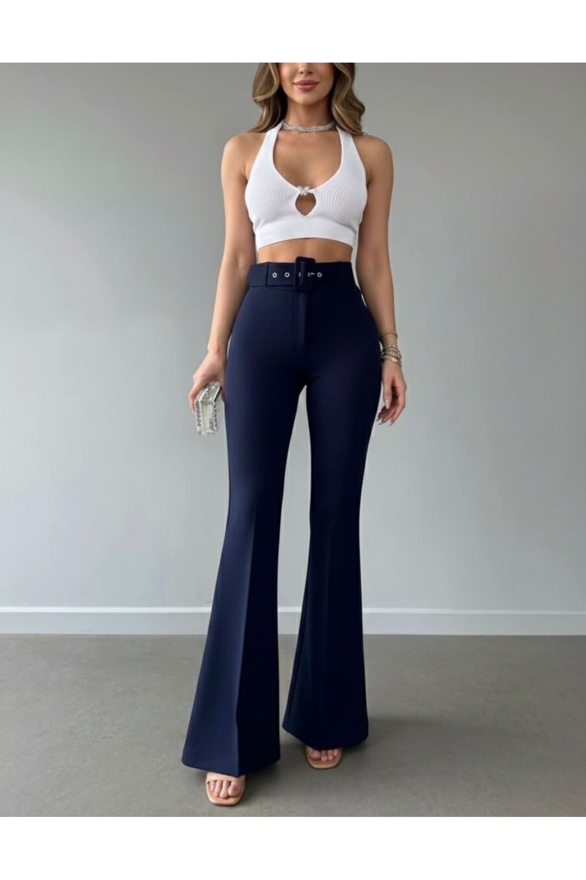 HA-KA GİYİM  Kadın İthal Kumaş Doubleface İspanyol Paça Kemer Detaylı Çekme Solma Yapmaz - Görsel 5