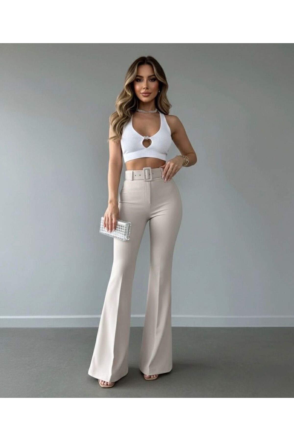 HA-KA GİYİM  Kadın İthal Kumaş Doubleface İspanyol Paça Kemer Detaylı Çekme Solma Yapmaz - Görsel 3