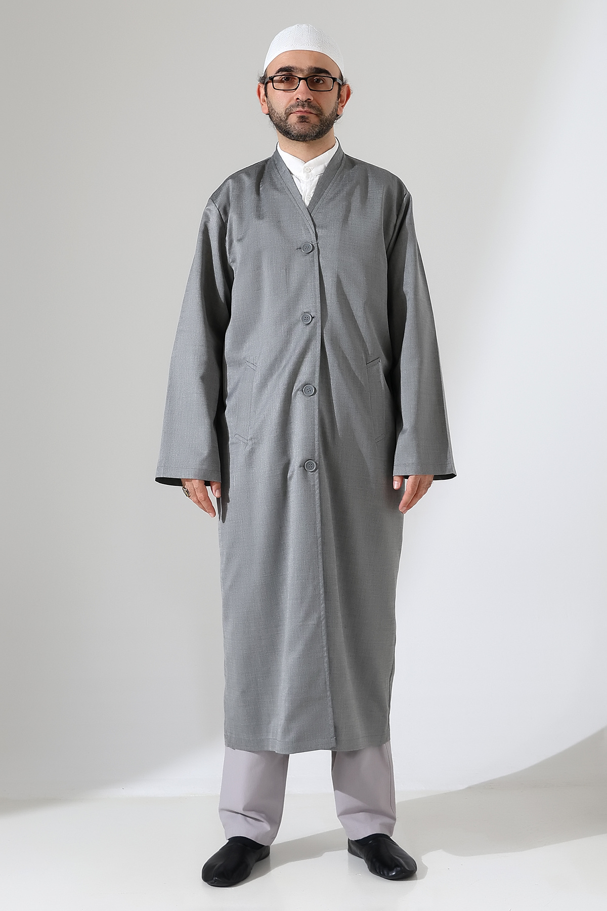 ihvan online Yarım Astarlı Düğmeli Cepli Buhara Yaka Erkek Cübbe - Gri