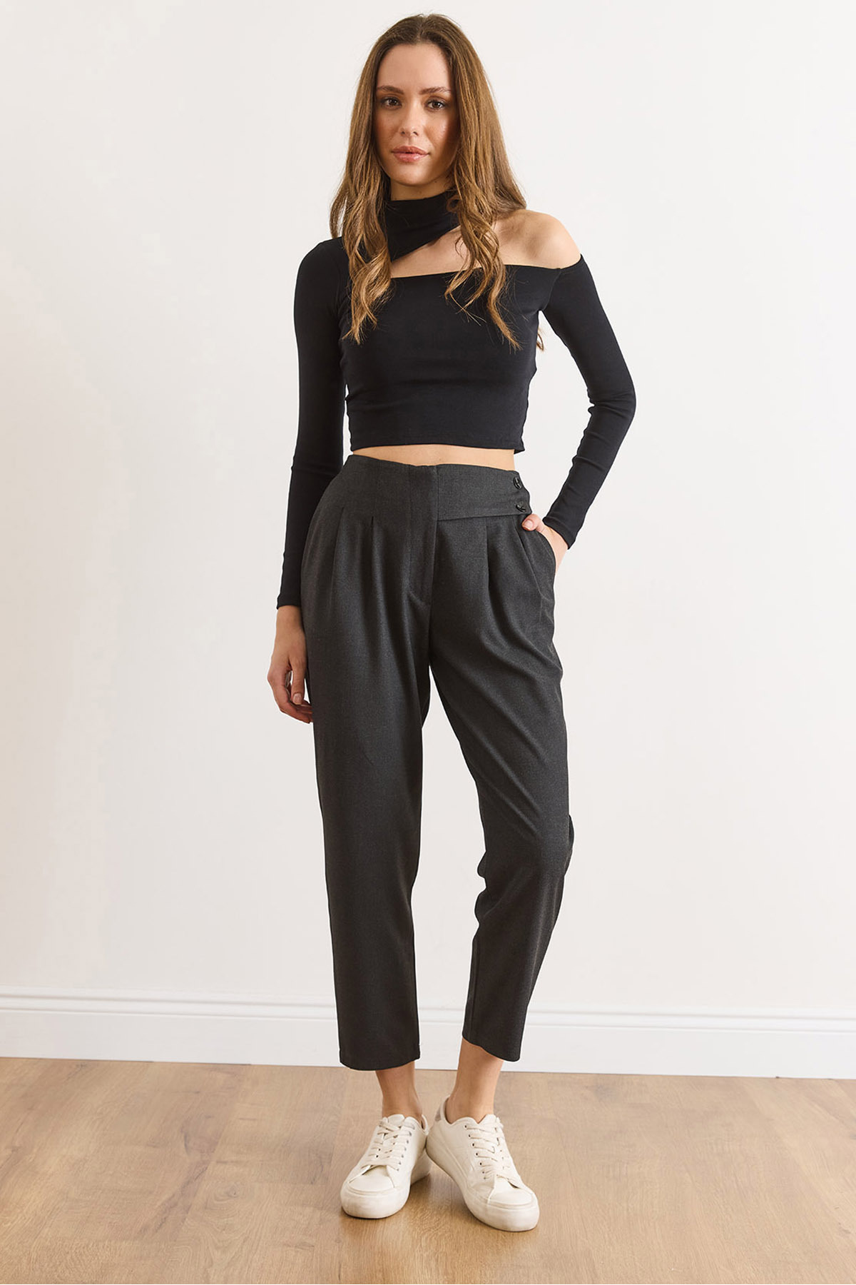 Women's Anthracite Waist Detail Pleated Polyviscose Carrot PantsPNT-19000293
