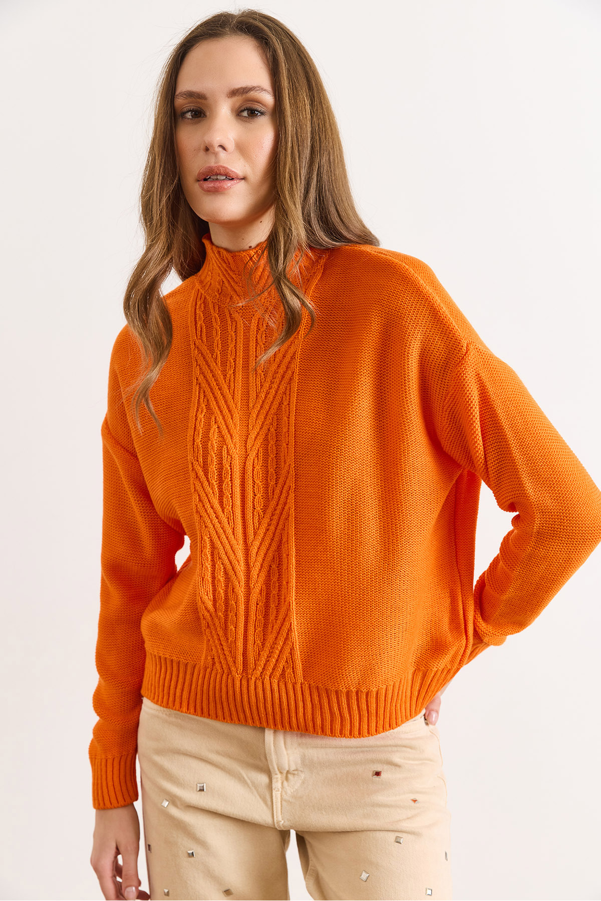 Women's Orange Upright Neck Hair Braided Knitwear SweaterKZK-19000912