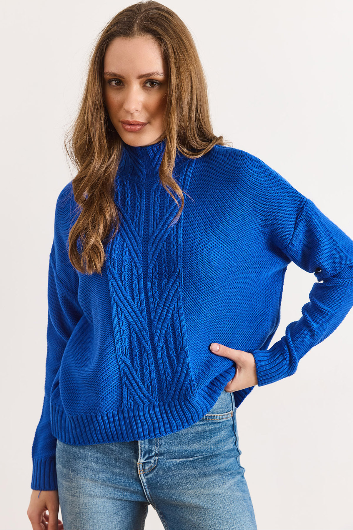 Women's Saxe Blue Upright Neck Hair Braided Knitwear SweaterKZK-19000912