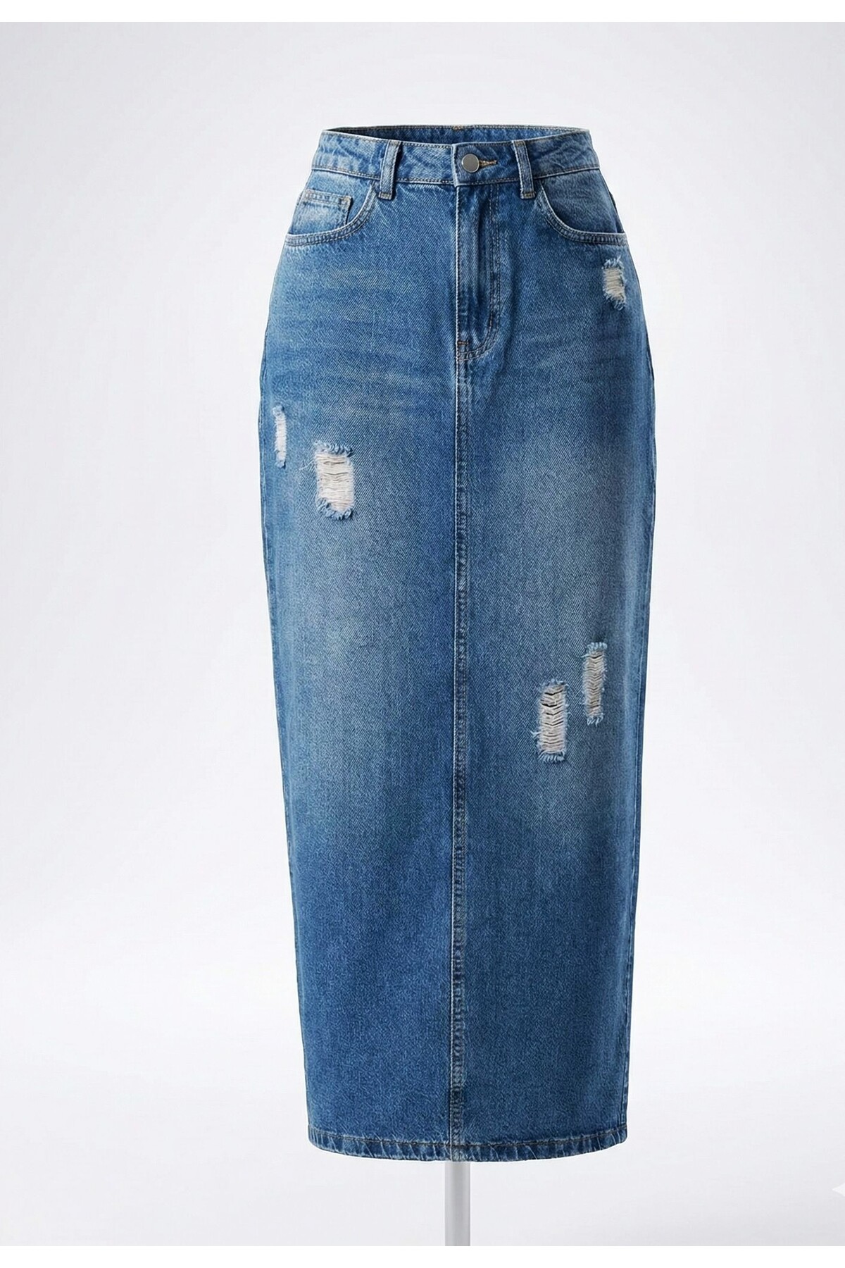 Ore design  Vintage Mavi Yıpratmalı Kadın Yüksek Bel Klasik 5 Cep Denim Etek OYOK26ET2215 - Görsel 4