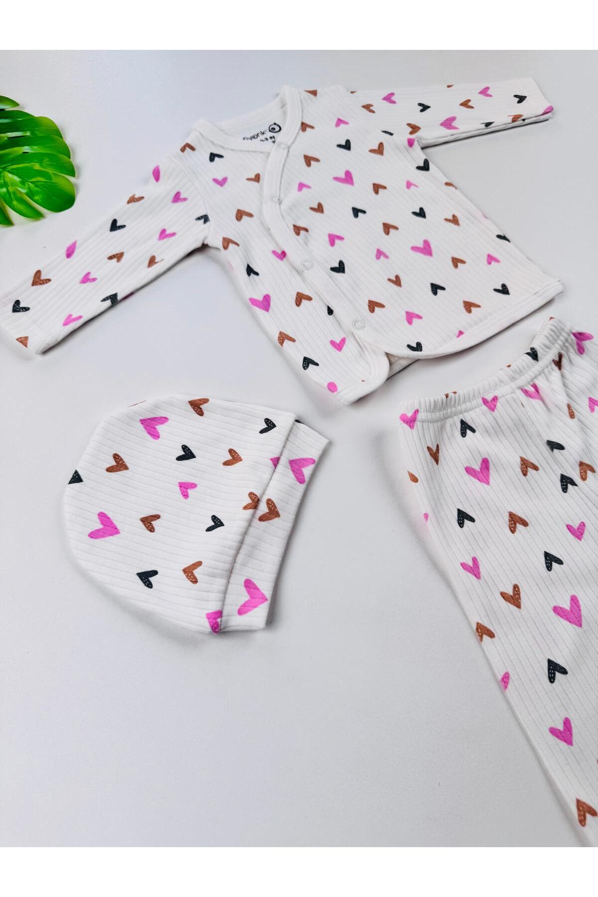 EFU BABY 3lü Kalp Desenli Bereli Kız Bebek Yenidoğan Zıbın Set fotoğrafı 5 (önizleme)