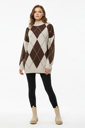 KOZİA OUTDOORS Kadın Kahverengi Baklava Desenli Oversize Triko Tunik Kazak