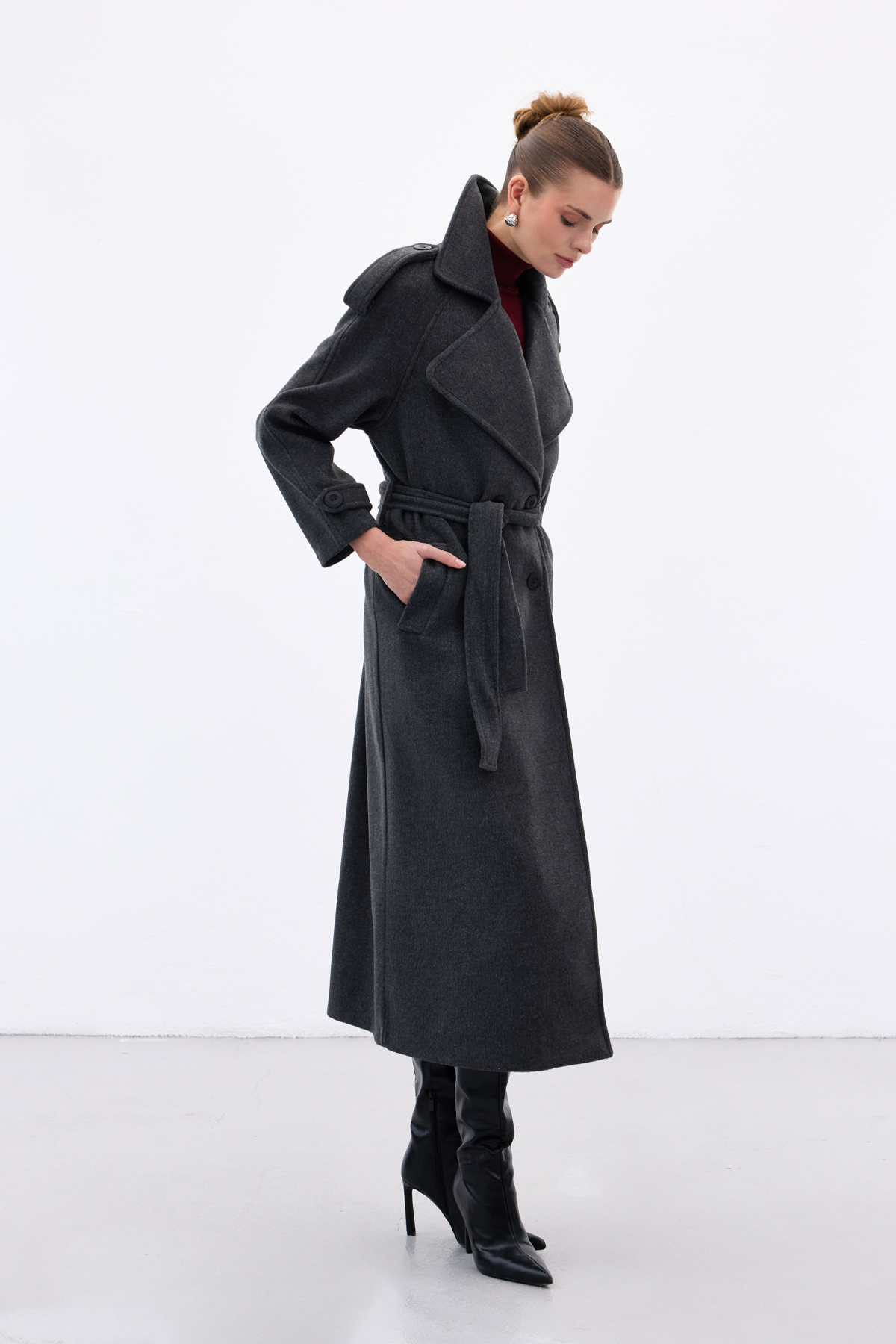 Sateen  Geniş Yaka Uzun Kaban - Antrasit - Görsel 6