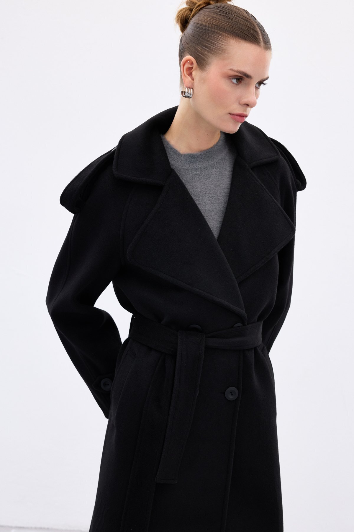 Sateen  Geniş Yaka Uzun Kaban - Siyah - Görsel 7