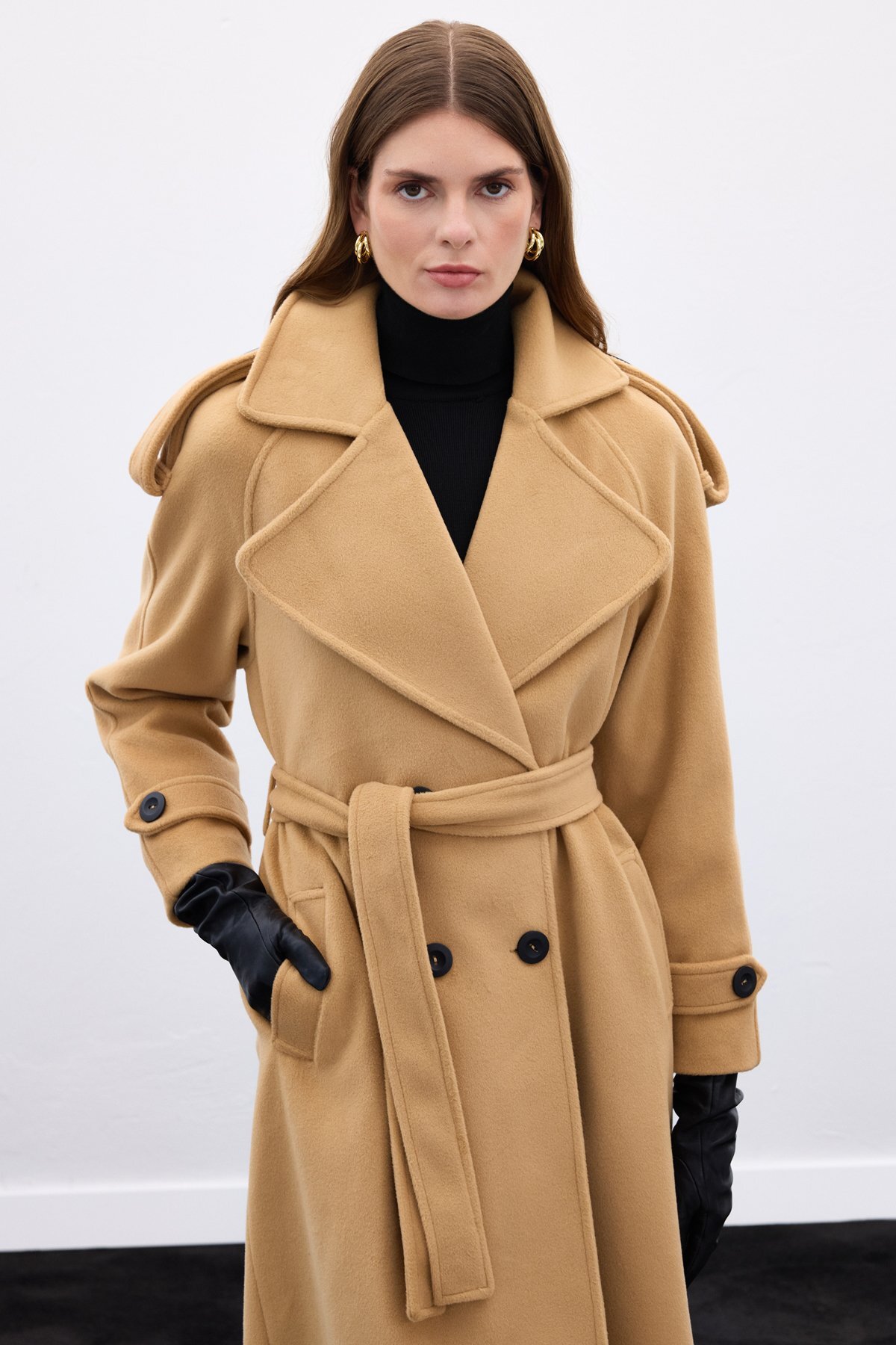 Sateen Geniş Yaka Uzun Kaban - Camel görsel 6