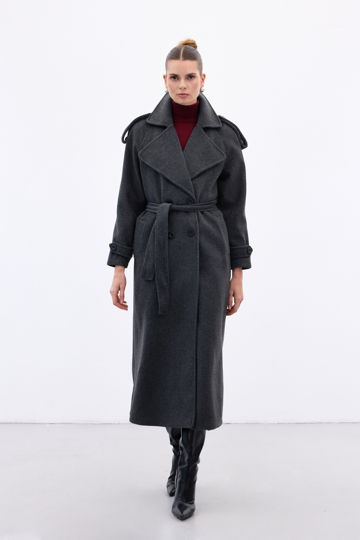 Sateen  Geniş Yaka Uzun Kaban - Antrasit - Görsel 4