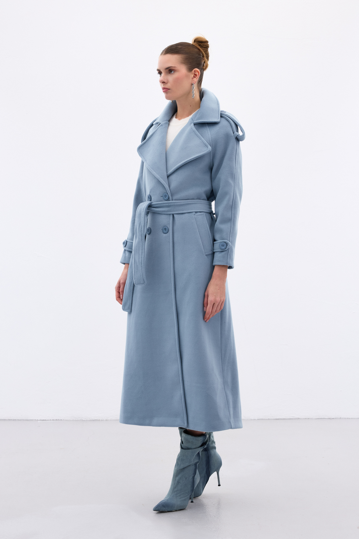 Sateen  Geniş Yaka Uzun Kaban - Mavi - Görsel 5