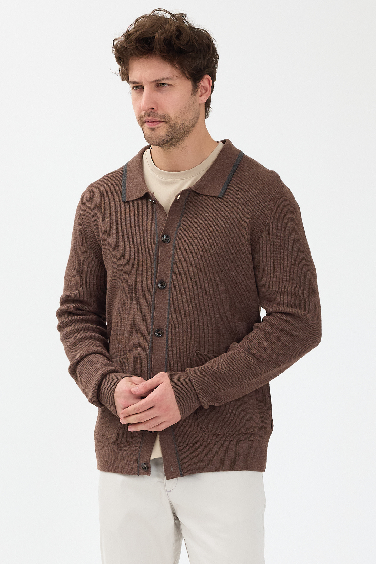 Frappoli  Loix Erkek Kahve Pamuk Karışımlı Selanik Örgü Torba Cepli Triko Hırka - Görsel 7