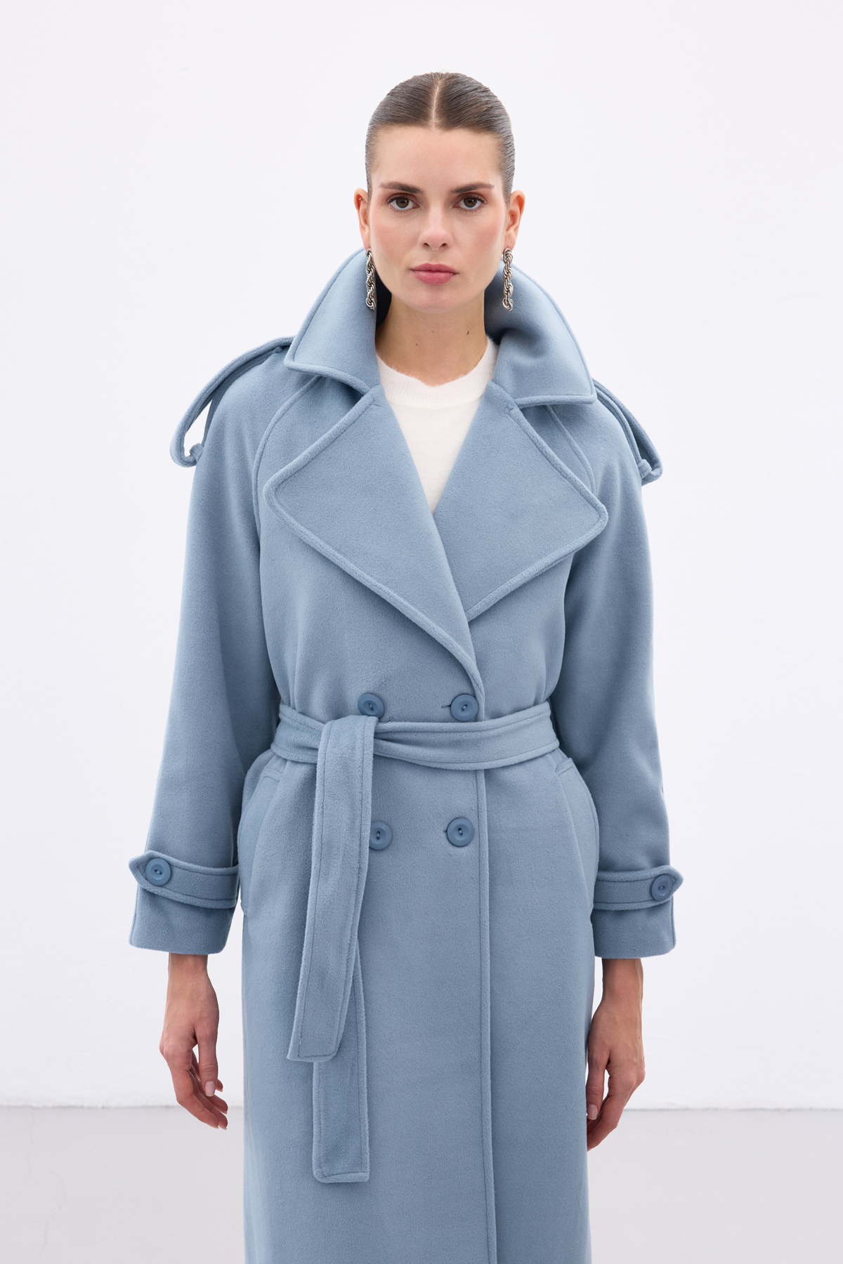 Sateen  Geniş Yaka Uzun Kaban - Mavi - Görsel 7