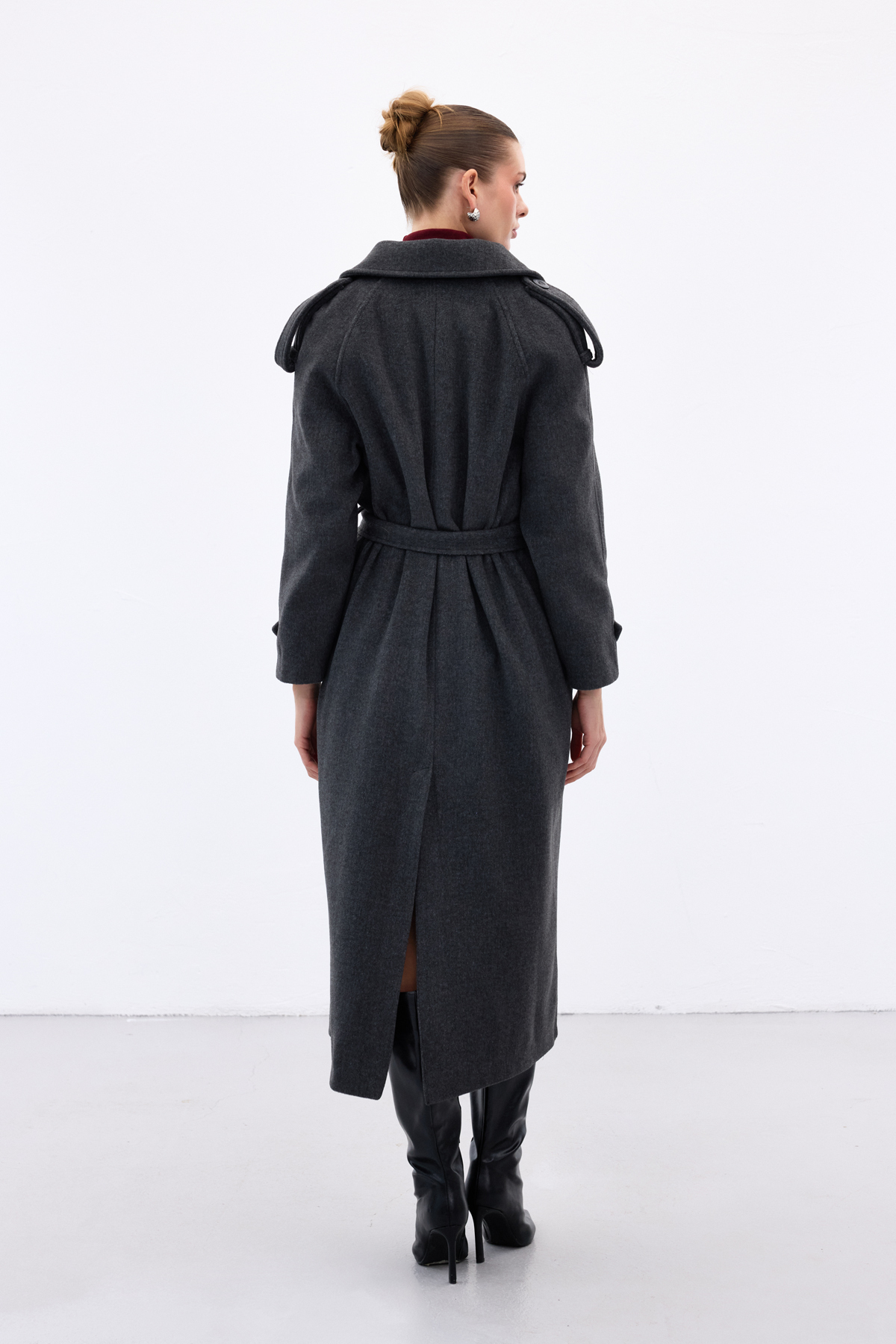 Sateen  Geniş Yaka Uzun Kaban - Antrasit - Görsel 9