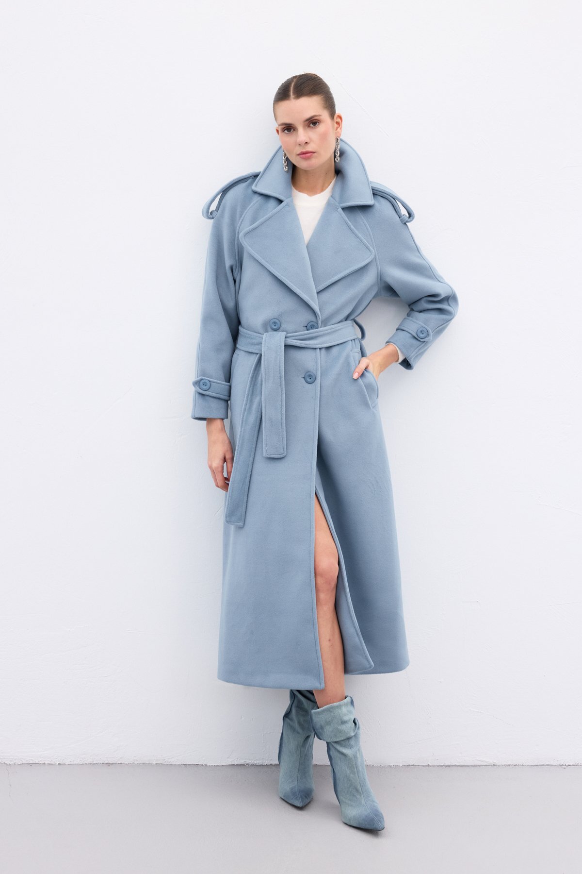 Sateen  Geniş Yaka Uzun Kaban - Mavi - Görsel 3