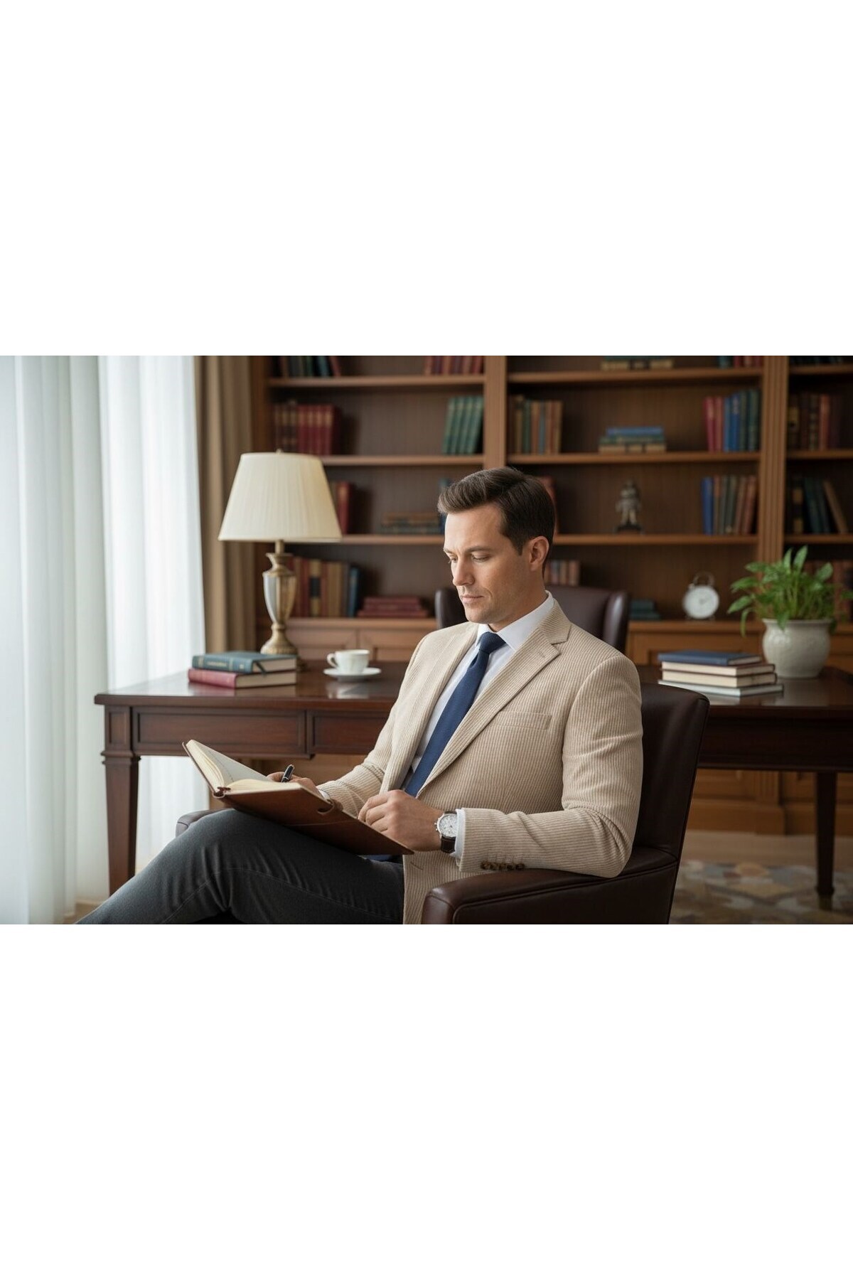 Plus Scorpion  Erkek Bej Slim Fit Blazer Ceket – Çizgili Dokulu Kumaş – Çift Düğmeli - Görsel 6