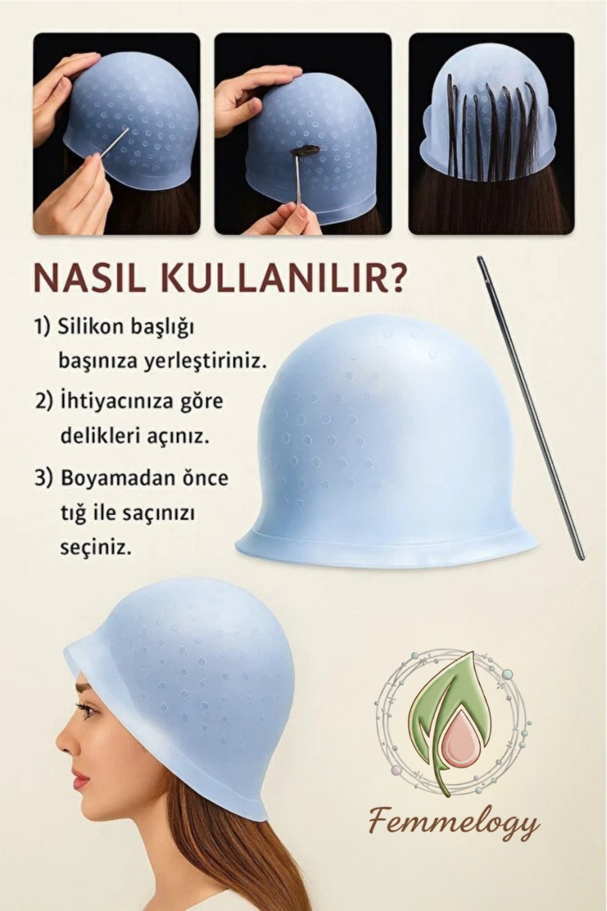 Profesyonel Silikon Röfle Bonesi Tığ Hediyeli Sızdırmaz Esnek Delikli Saç Boyama Şapkası — femmeroflebone — تصویر 4 از 4