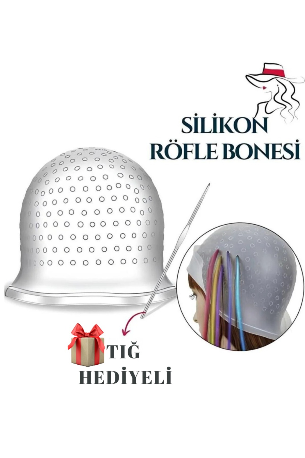 Femmelogy Profesyonel Silikon Röfle Bonesi Tığ Hediyeli Sızdırmaz Esnek Delikli Saç Boyama Şapkası — femmeroflebone