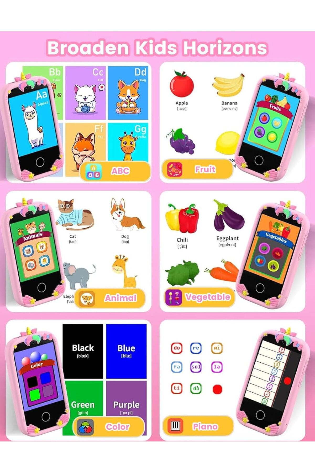 تلفن هوشمند کودکانه، دوربین‌دار، اسباب‌بازی لمسی، یونی‌کورن، آموزشی (رنگ صورتی)
