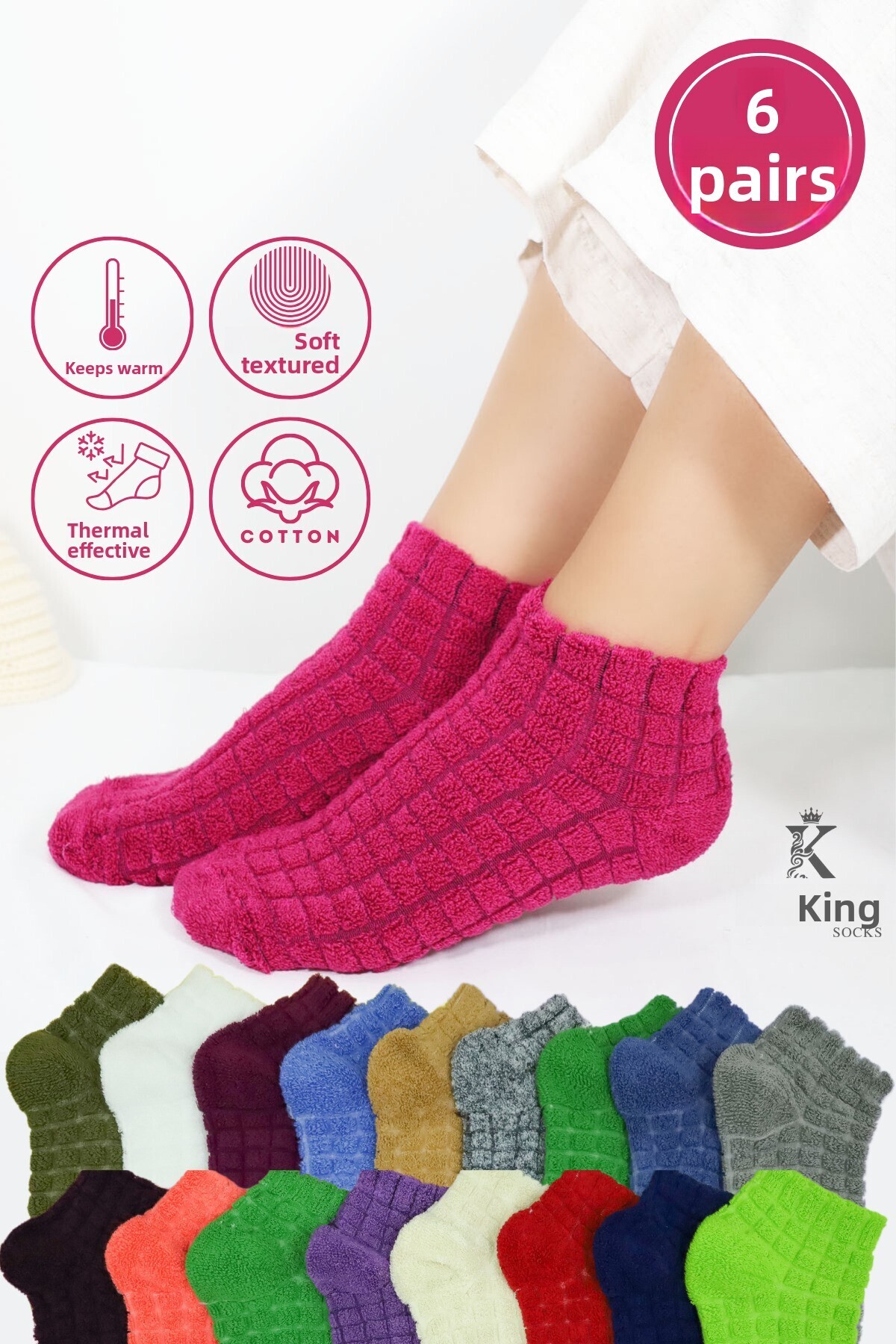 Lüx Ay Women's Booties Embossed Winter Reverse Towel 6 Pairs Mixed Color Short Socks Set