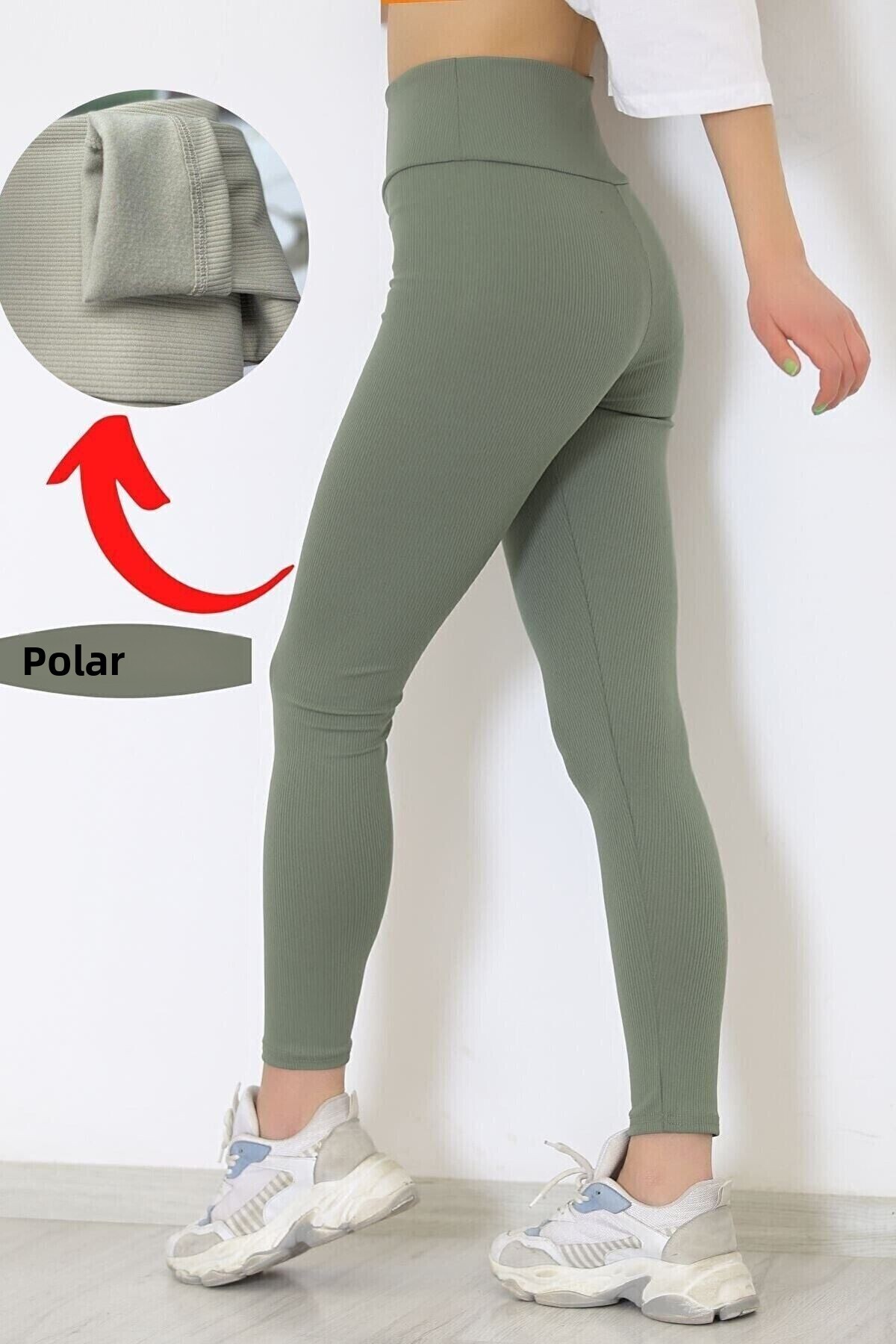 manolyabutik Női khaki zöld téli magas derekú bordás leggings polár belsővel