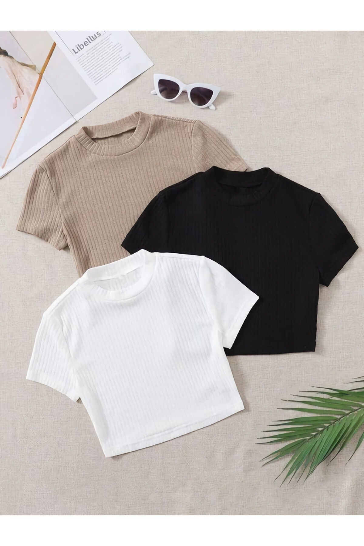 ÖZ PAMUK Γυναικείο μπλουζάκι 3 τεμαχίων με ραβδώσεις από 100% βαμβακερό λαιμό...