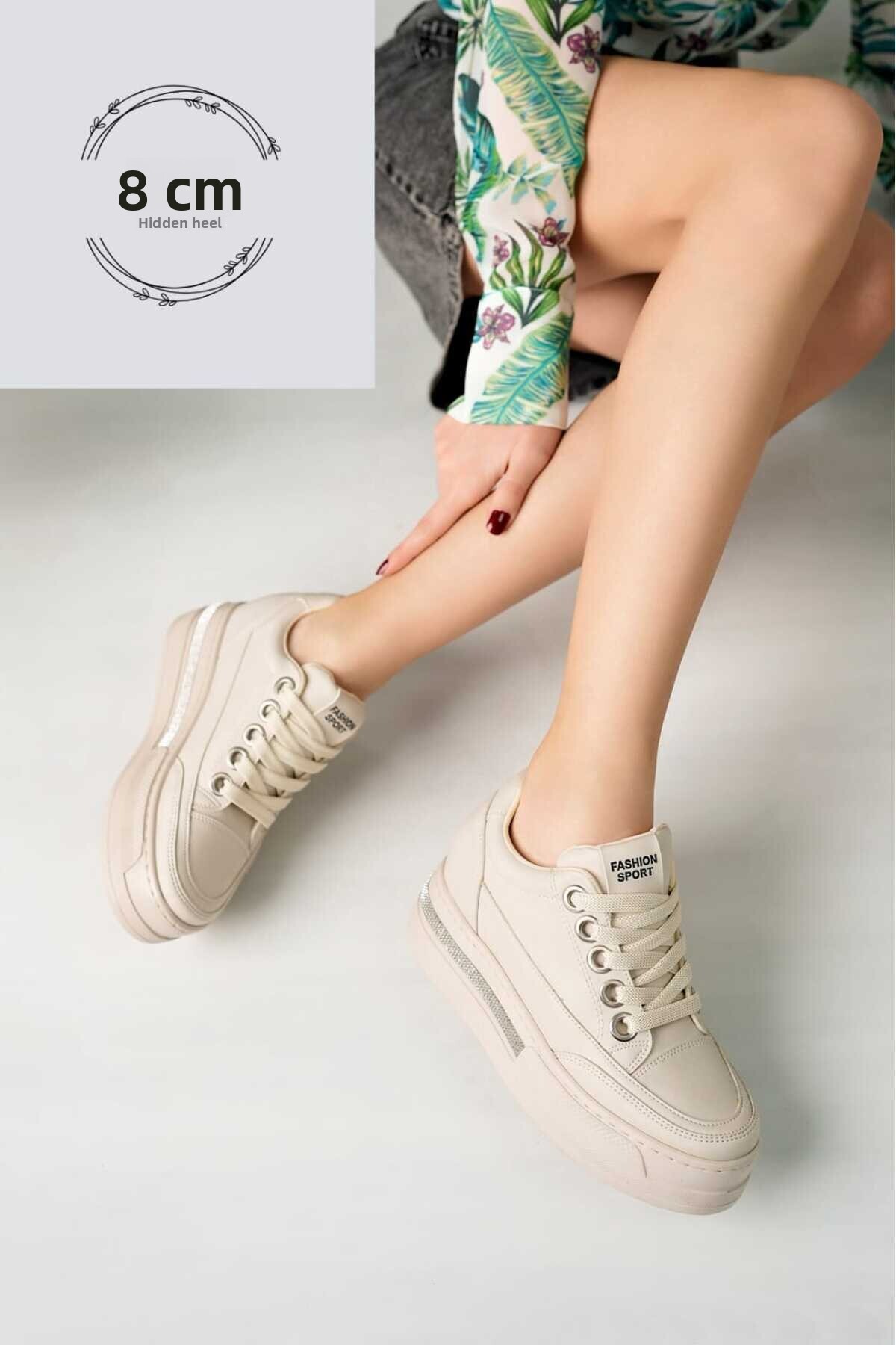 BAHRİNA High Sole Hidden Heel Front Stone Detailed Sports Shoes (8 cm Heel)