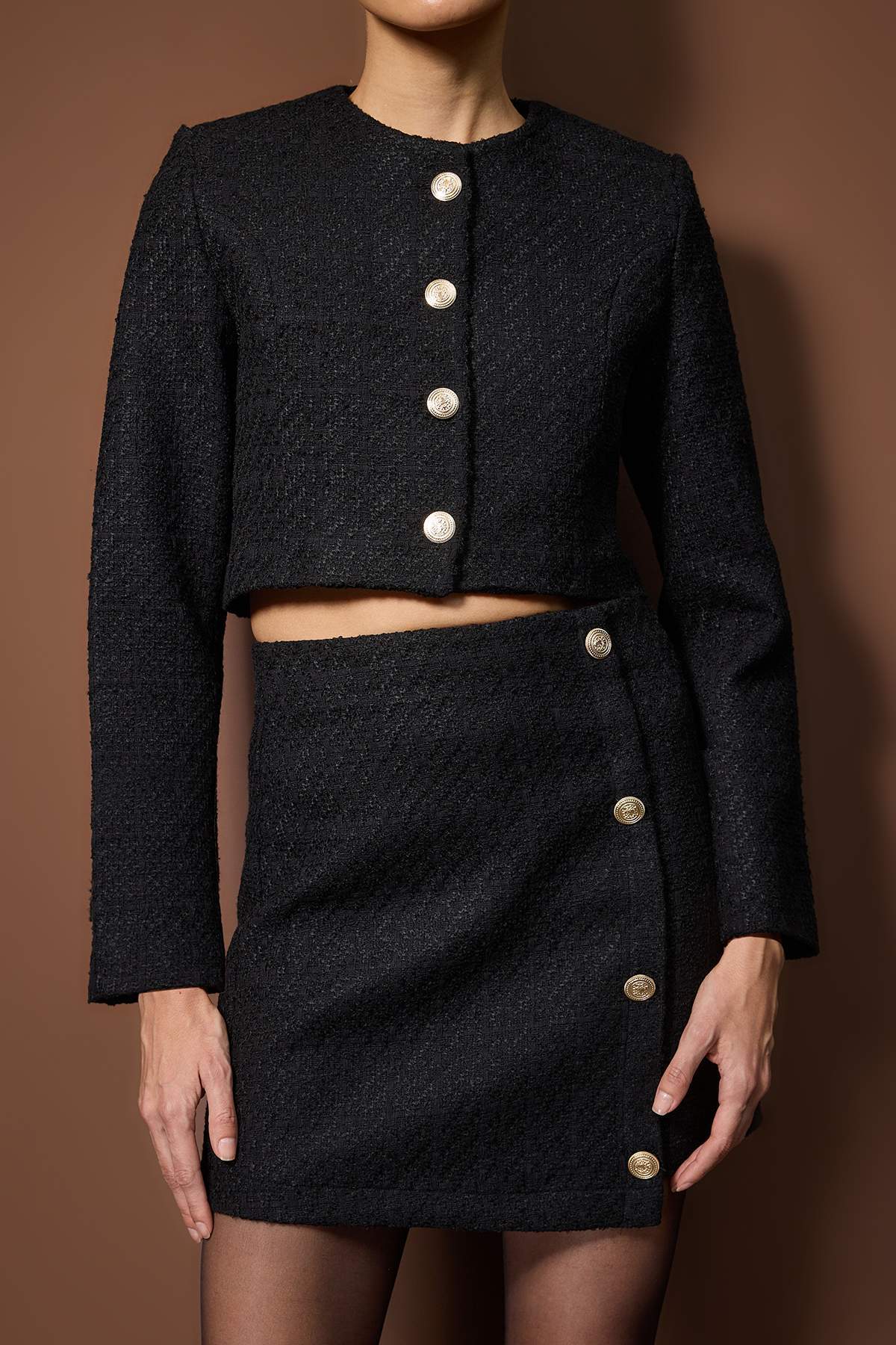 Trendyolmilla  Siyah Tüvit Dokuma Ceket-Etek Alt - Üst Takım TWOAW26AU00143 - Görsel 7