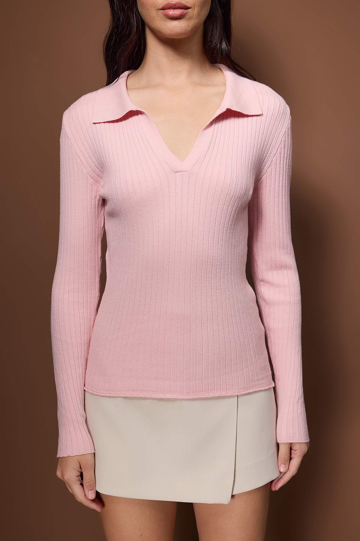 Trendyolmilla  Wardrobe Essentials Pudra Premium İplikPolo Yaka Fitilli Triko Kazak | TWOAW26KZ00077 - Görsel 3