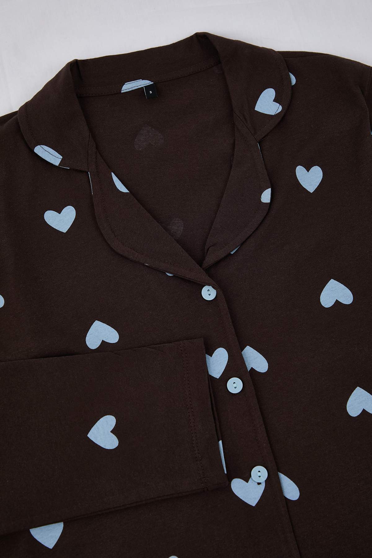 Trendyolmilla  Kahverengi-Mavi %100 Pamuklu Kalp Desenli Örme Pijama Takımı THMAW21PT0548 - Görsel 7